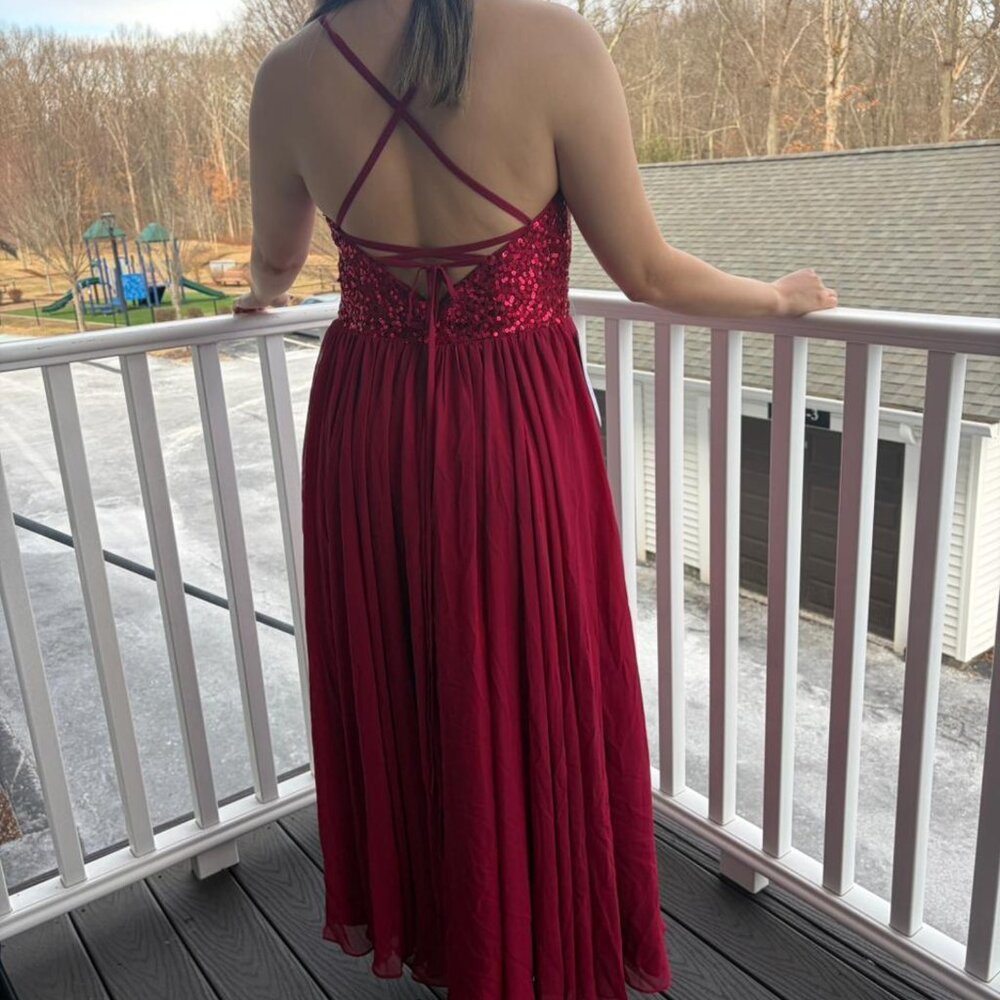 Azazie Red Sequin Bodice Formal Maxi Dress – Criss Cross Back – Size C - Picture 2 of 8
